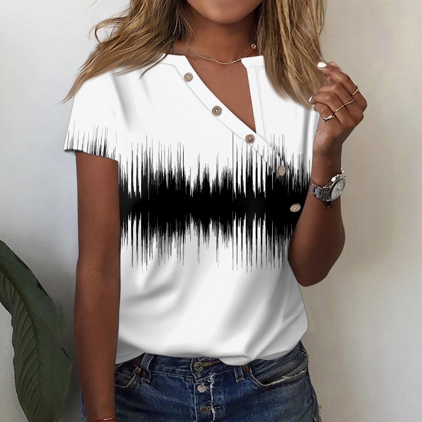 

Жен. Футболка Футболка С принтом Пуговицы С короткими рукавами Повседневные Выходные Мода V-образный вырез Обычный Топ XL белый