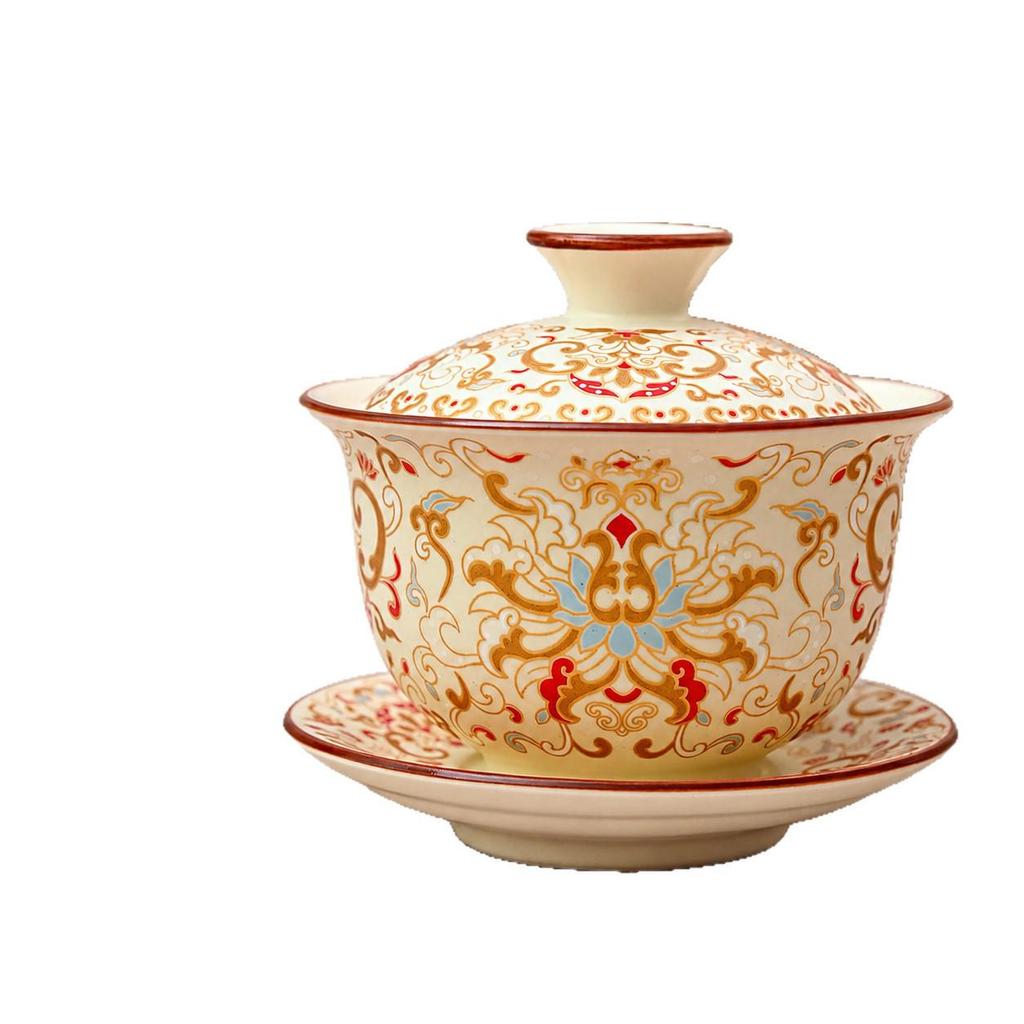 Light Luxury Beige Ru Kiln Gaiwan Tea Set with Gold and Silver Inlay - Large Capacity and Anti-scalding for Gongfu Brewing