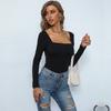 YYFS Women's Fashion Casual Solid Color Print Summer Spring Long Sleeve Square Collar Sexy Slim Bodysuits