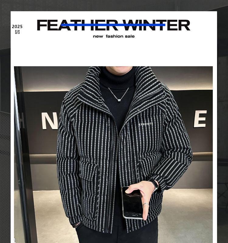 Trendy Brand Men's 2025 Winter White Duck Down Striped Puffer Jacket with Gold Thread and Soft Fur