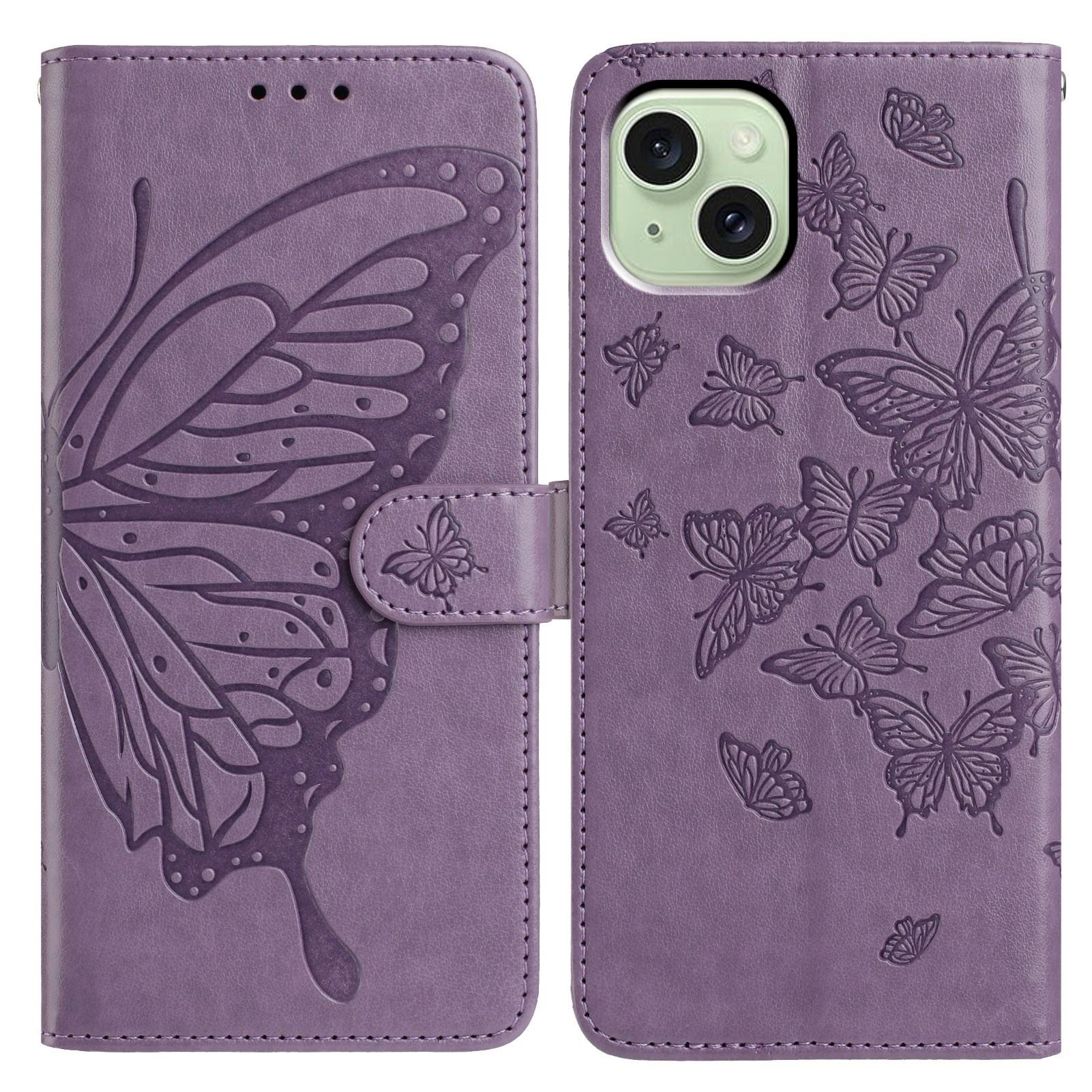 

For iPhone 15 Case Butterfly Imprinted Wallet Stand PU Leather Flip Phone Cover with Strap H