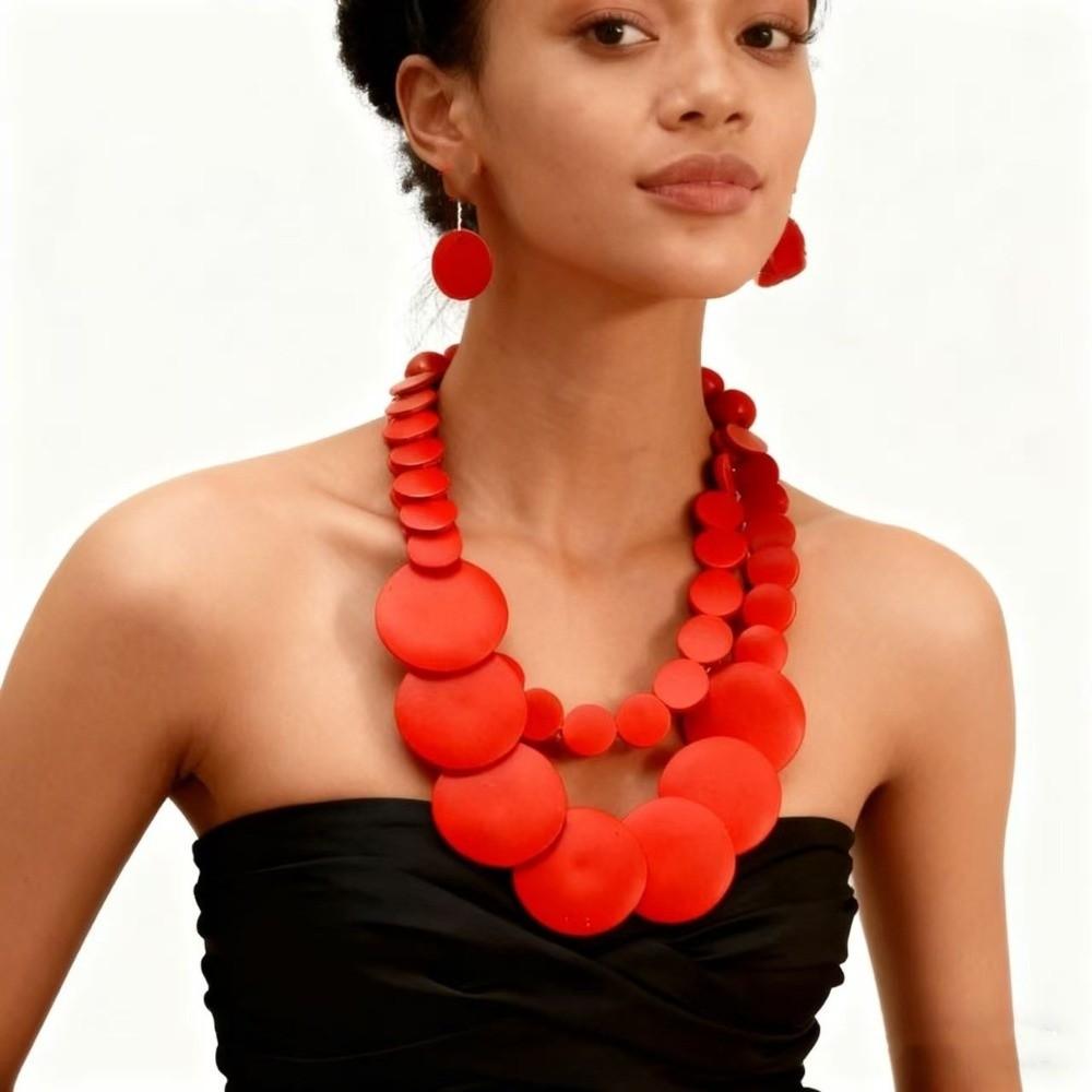 Double Layer Wooden Beaded Necklace Exaggeration Beaded Jewelry Pendant Necklace Beach Vacation