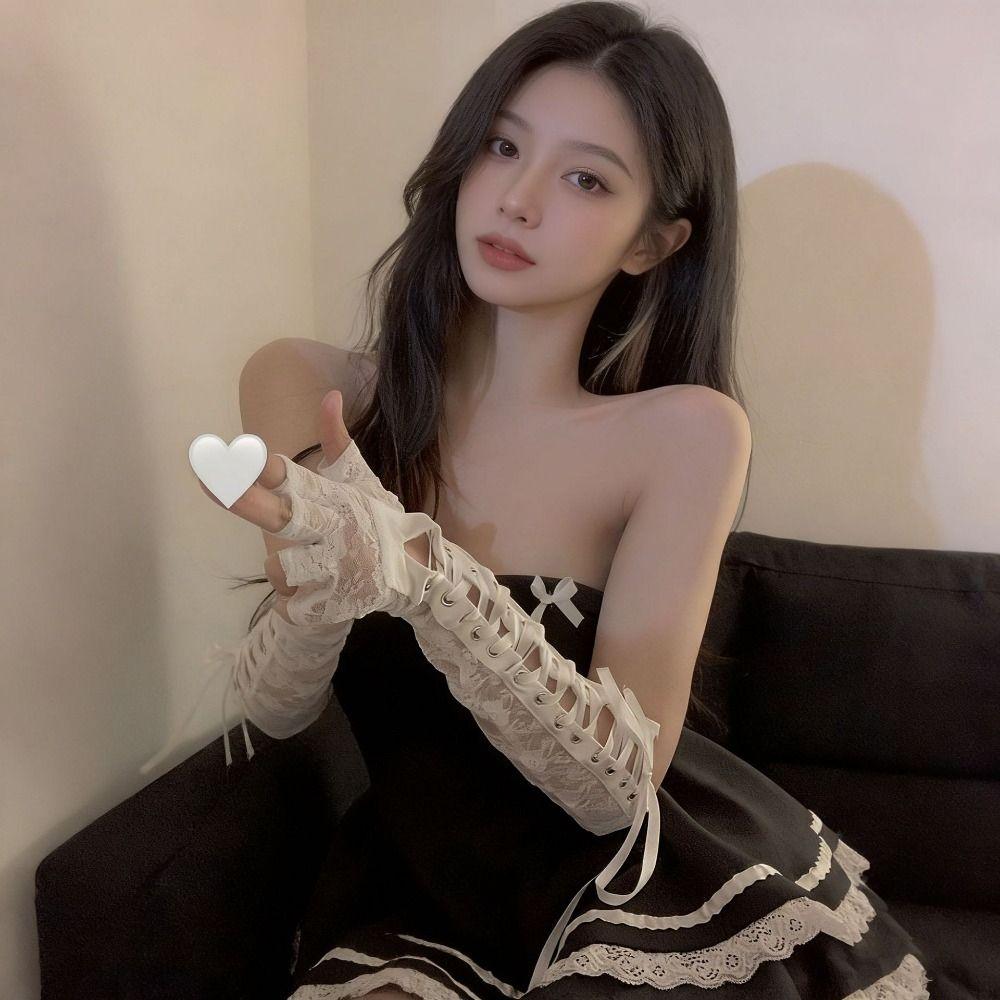 JK Lace Strap Gloves Long Gloves Elastic Women Gloves Slim Ribbon Half Finger Gloves Women