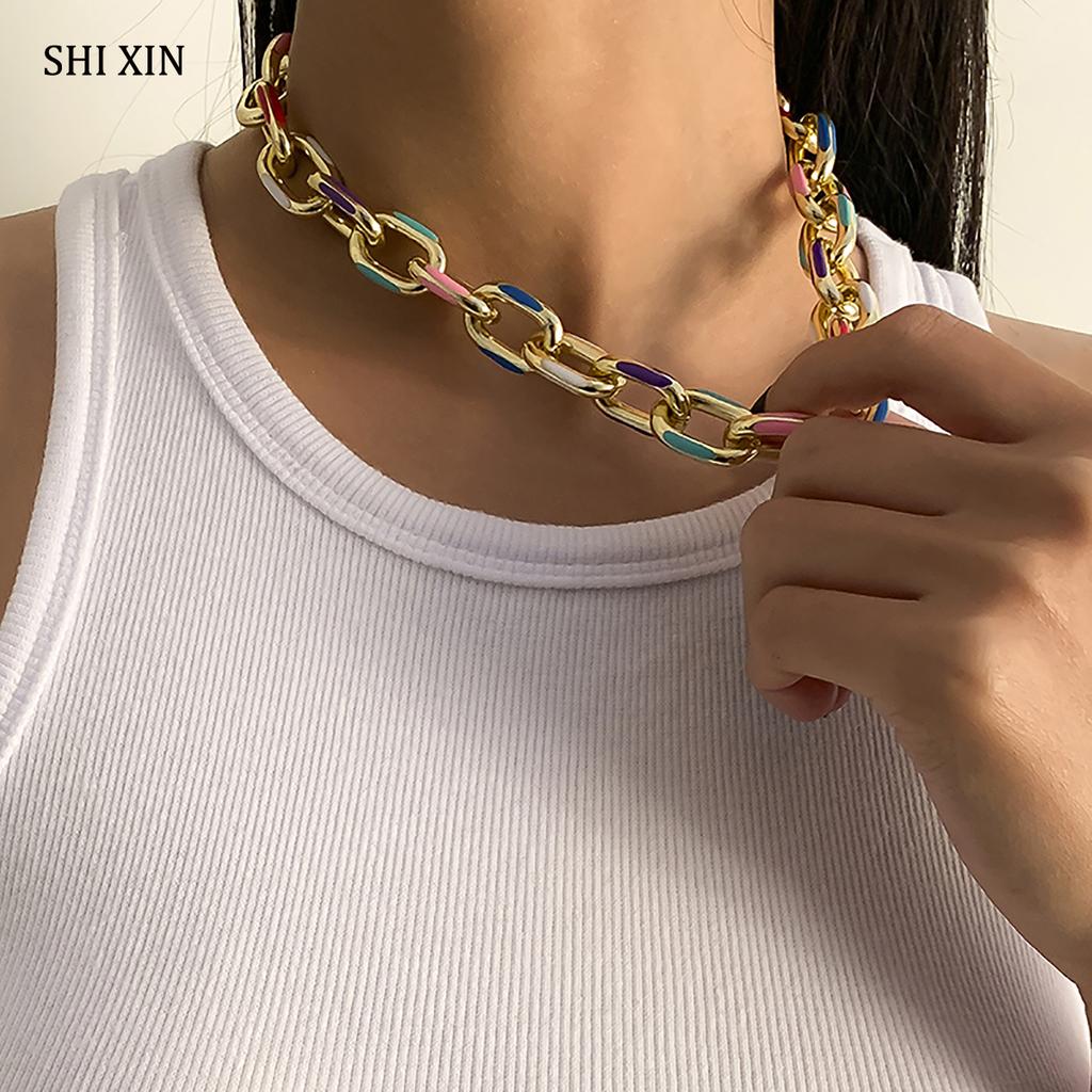 Colorful Paint Metal Thick Link Chains Necklace for Women Boho Short Chunky Choker Necklaces 2026 Fashion Chains On Neck Jewelry
