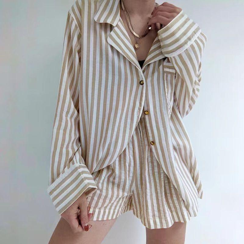 

European and American Stripe Long sleeve Shirts Shorts Two-piece Set Homewear Striped Shirt and Shorts Set Khaki L