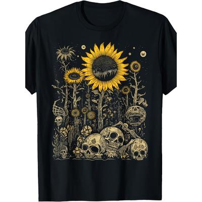 Evropské velikosti Pánské Goth tričko - Retro lebka a slunečnice, Styl Cottagecore/Goblincore, Krátký rukáv, Kulatý výstřih, Lze prát v pračce