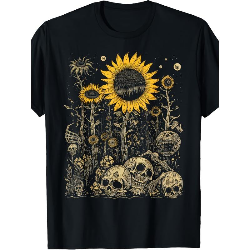 European Sizes Men's Goth T-Shirt - Retro Skull & Sunflower Cottagecore/Goblincore Style, Short Sleeve Round Neck Tee, Machine Washable