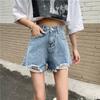 Classic and Minimalist Fashion Versatile Broken Holes Female Summer Thin High-waisted A-line Wide-legged Pants Denim Shorts Individuality Trendiness