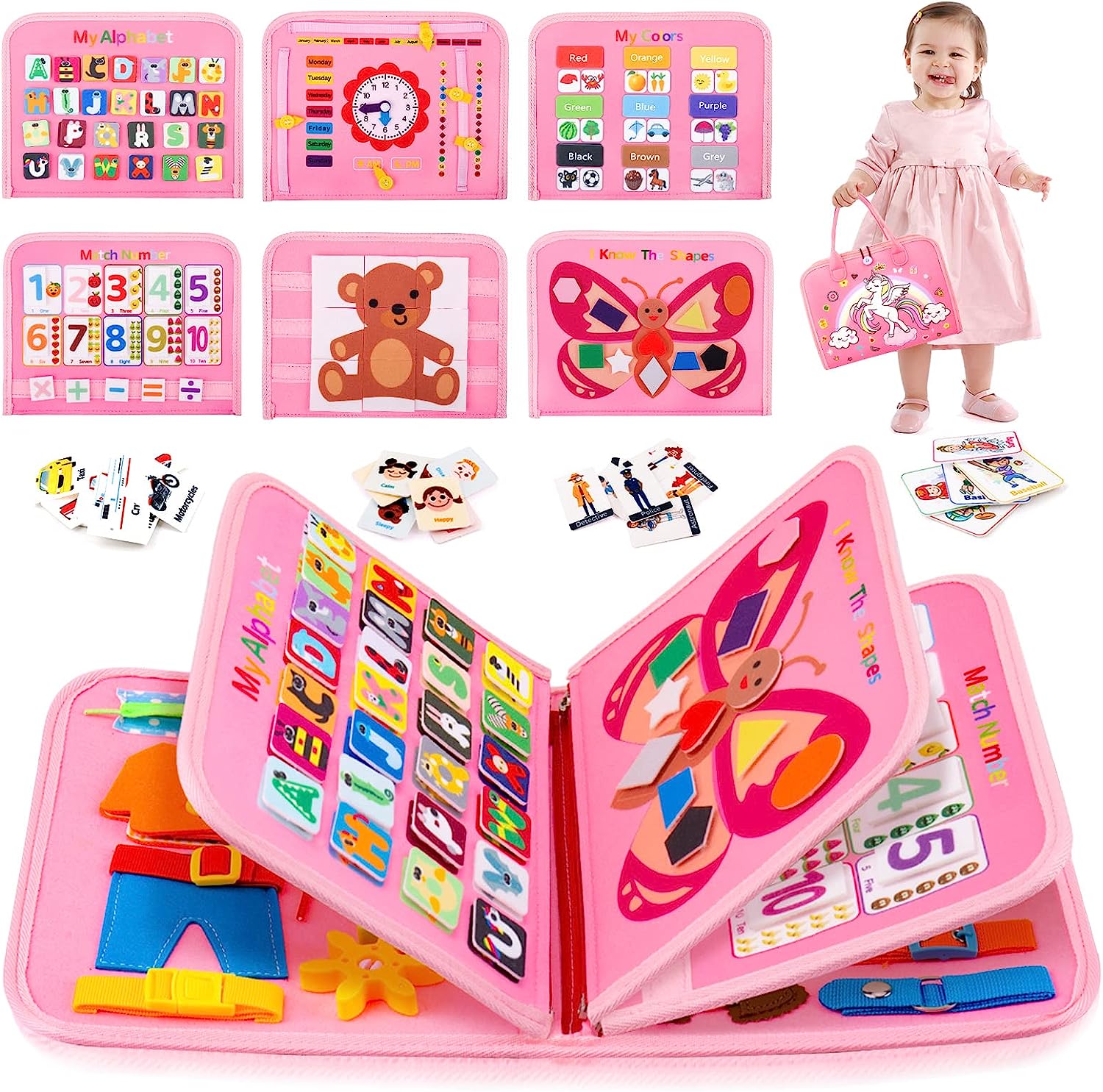 Montessori Toys Busy Board Toddler Sensory Activity Developing Board for Motor Skills Educational Travel Activity Toys розовый