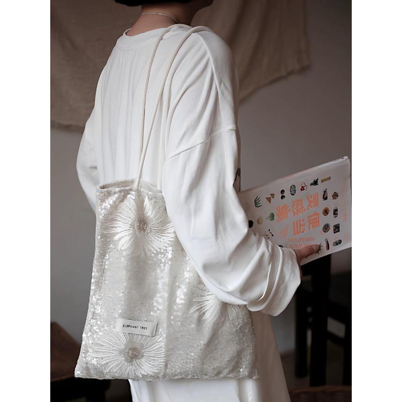 White Little Daisy Sequins Versatile Girls Shoulder Bag Commuter Canvas Bag Large Capacity Spring and Summer New Thin