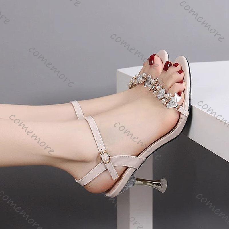 Comemore Vintage Rivet Sandals for Women's New Summer Belt Buckle High Heel Roman Sandales Femme Square Toe Sexy Sandalias Mujer