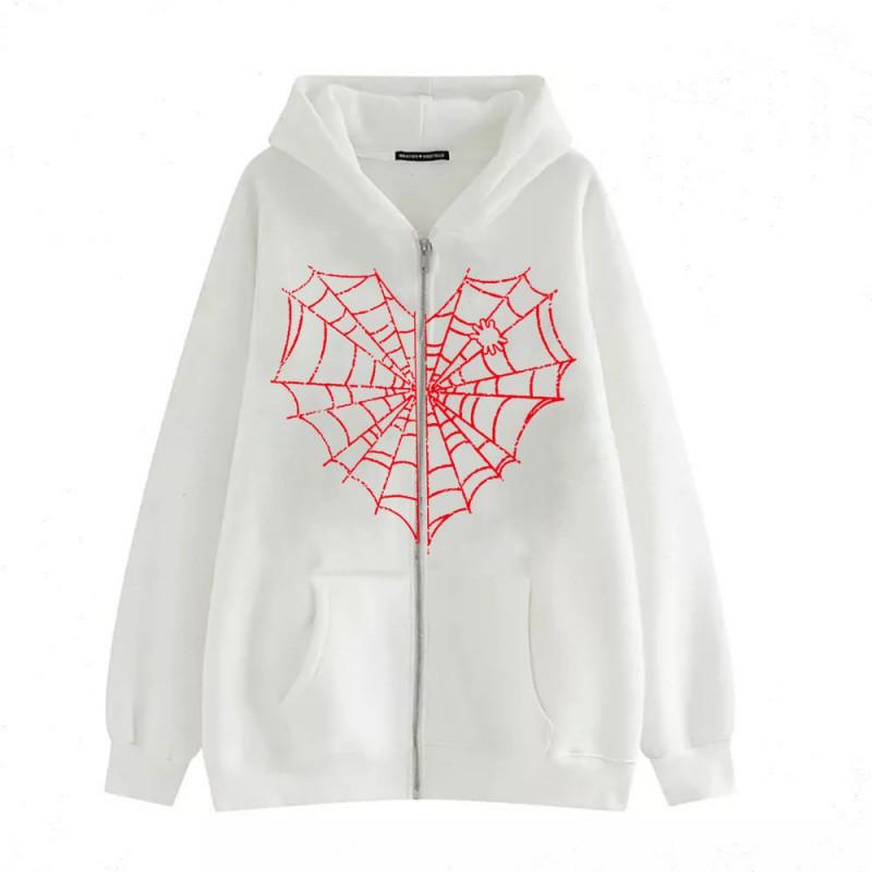 Colorful Spider Web Print Zip Up Hoodie Loose Fit Streetwear Y2K Couple Outerwear