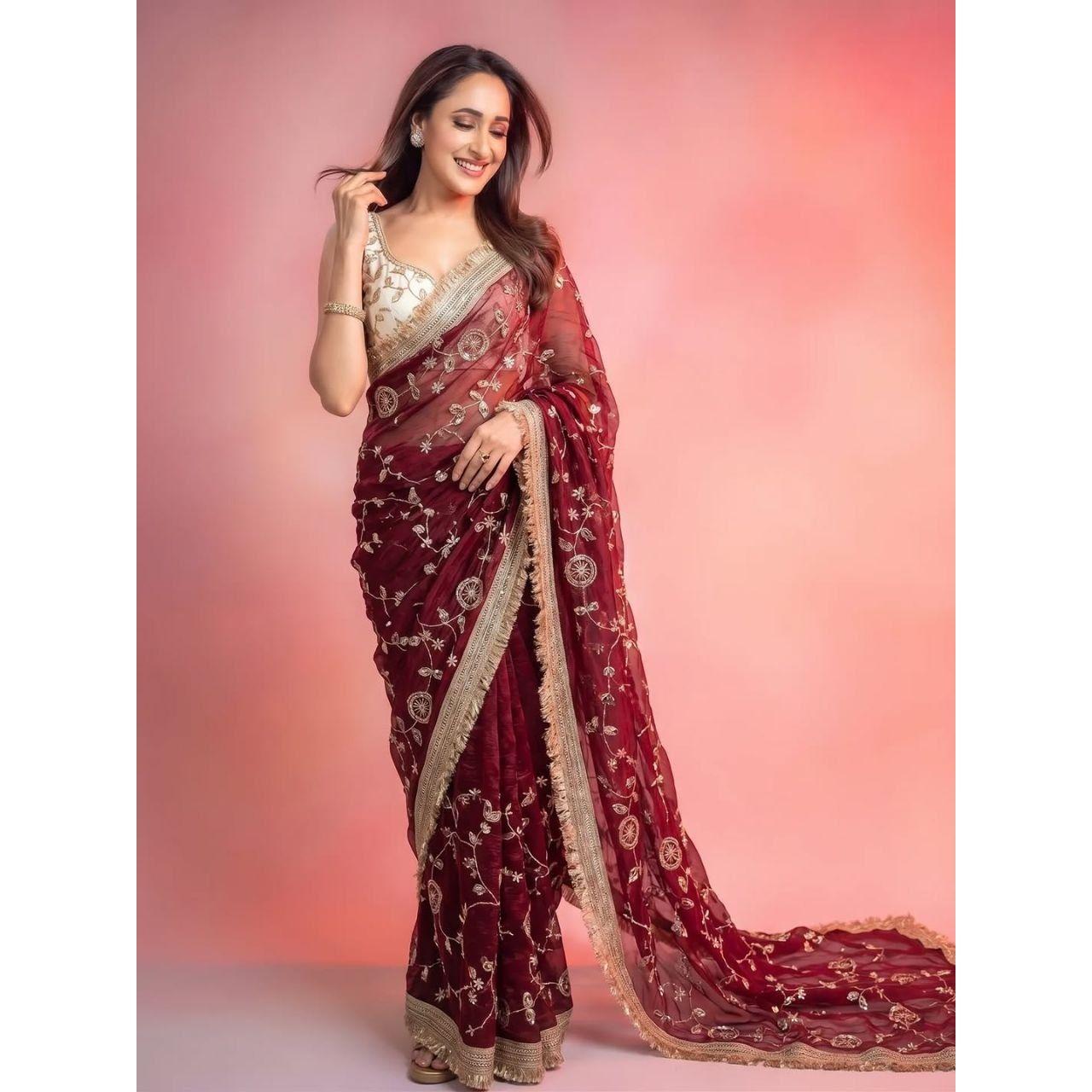 Grand Launch Party Wear Beads Work Saree - Space Silk Velvet Shine Edition