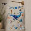 Stained Glass Acrylic Ornament Ocean-Themed Wind Chime Decoration, Animal Hanging Sun Catcher with Faux Crystal Drops, Beach House Wall Ornaments for