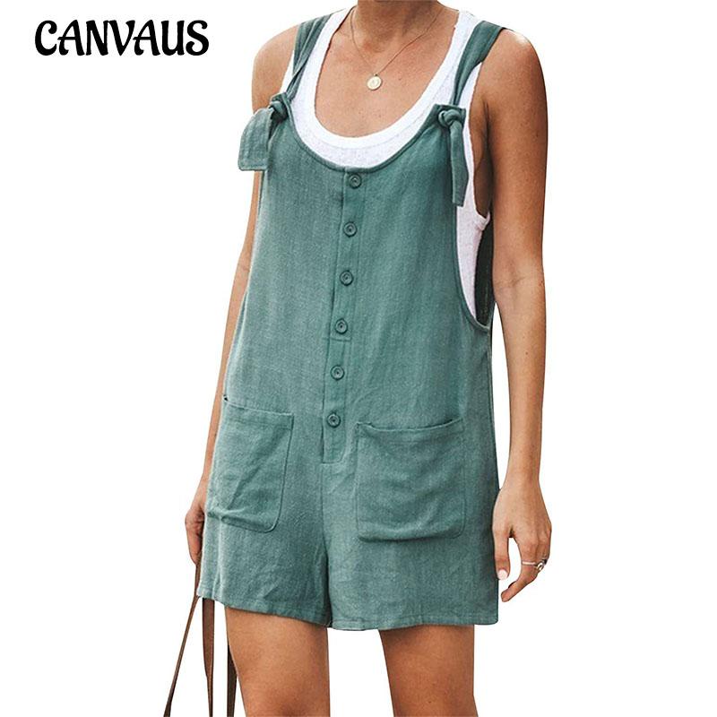 Summer Women's Jumpsuit Solid Color Patch Pockets Lace-up Cotton Linen Straps Shorts