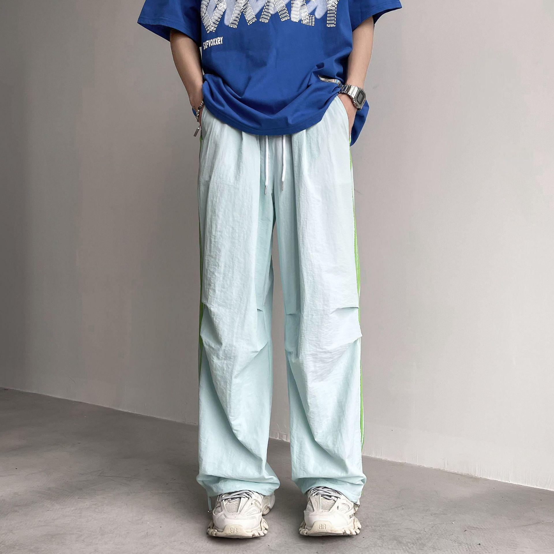 

Летние быстросохнущие брюки-парашютисты 2024 года с завязками на шнурке, три полоски карамельного цвета, легкий комбинезон Ice Silk. 3XL синий