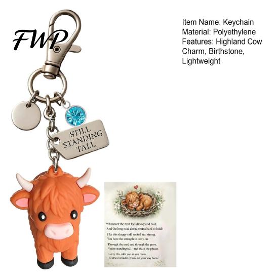 Metal Keychain A Little Highland Cow for You Keychain, 3D Resin Keyring with Birthstone Charm & Sentiment Card, Your Daily Reminder of Quiet Strength
