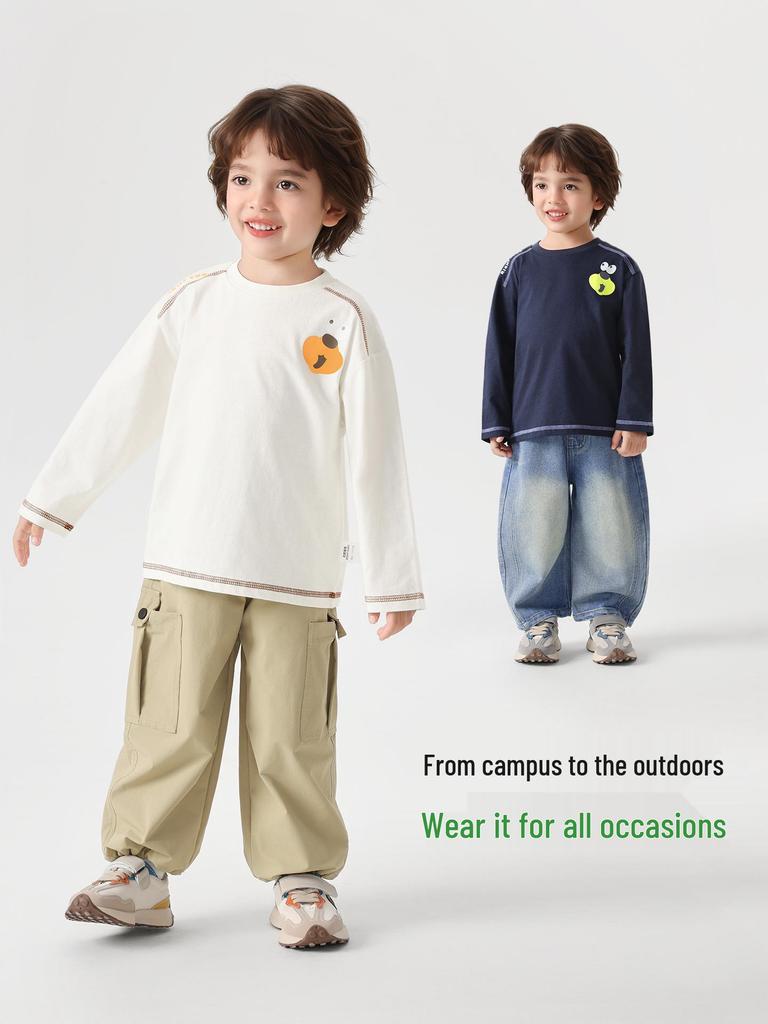 Camiseta de Algodão Puro de Manga Comprida para Meninos 2026 - Camada Base Tendência Primavera e Outono