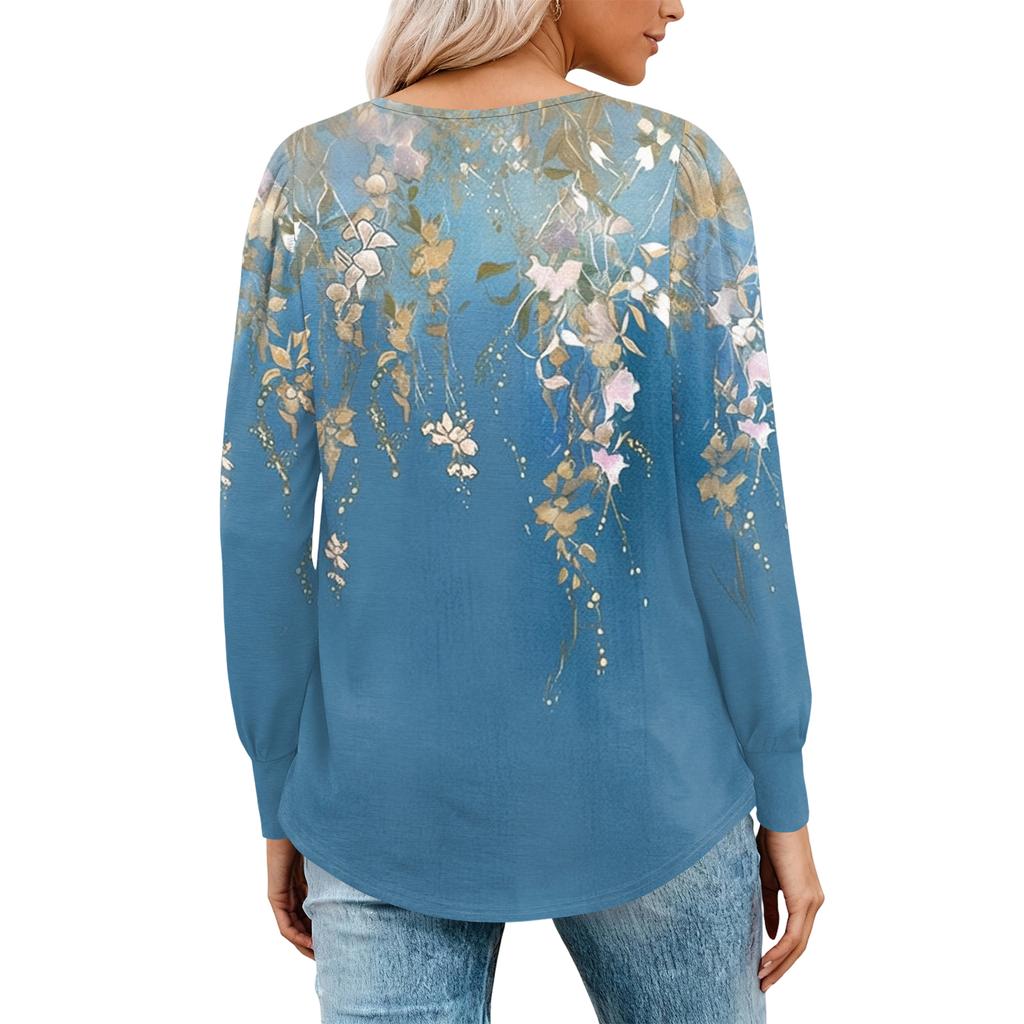 Damenmode Lässig Plissiert Rundhals Vintage Blumendruck Langarm T-Shirt Top