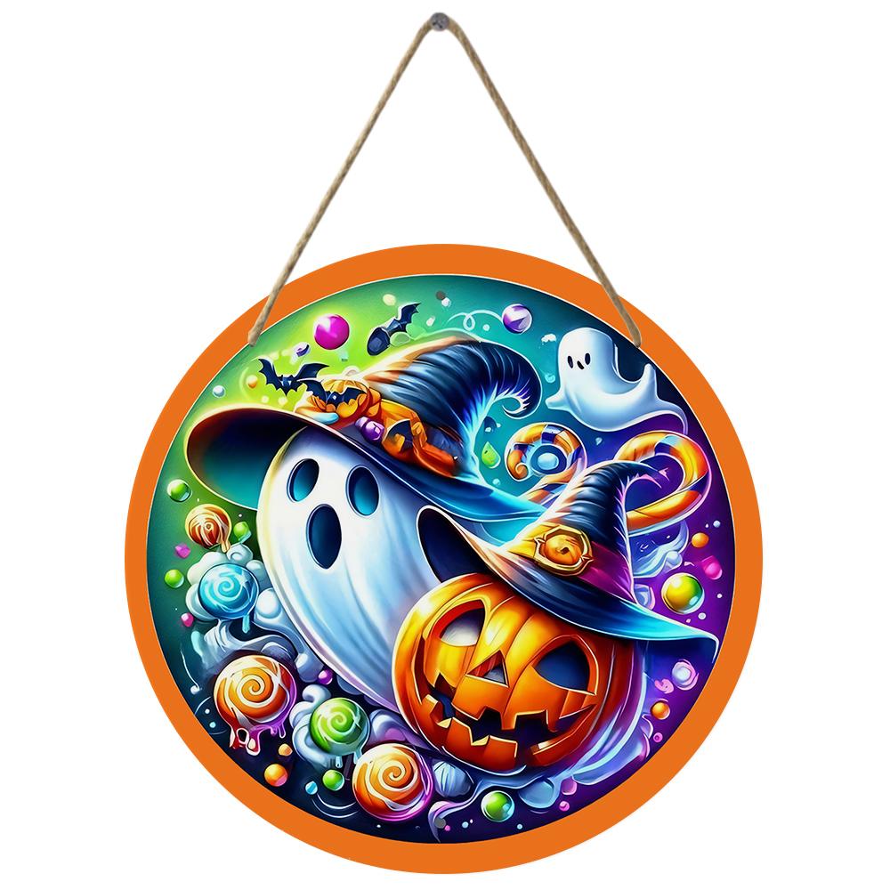 Colorful pumpkin and ghost pattern round wooden hanging plaque indoor outdoor wall art decor farmhouse halloween party home ornament gift