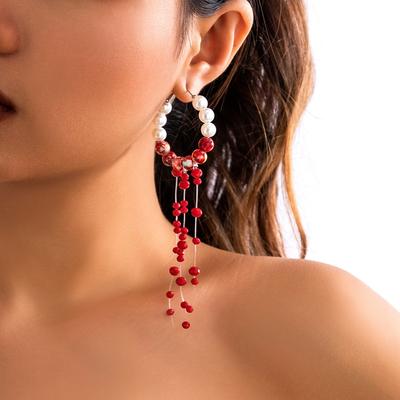 Lange Quaste Rotblutmuster Perlmutt-Ketten-Hängeohrringe für Damen Gotische Gliederketten-Hängeohrringe Halloween Schmuck Geschenk