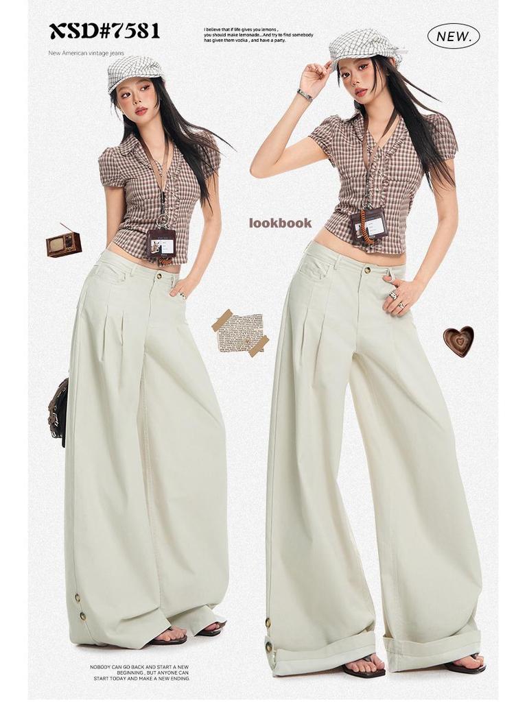2026 Spring Women's American Style Cuffed Casual Wide Leg Pants - Loose, Comfortable, Slimming Drape