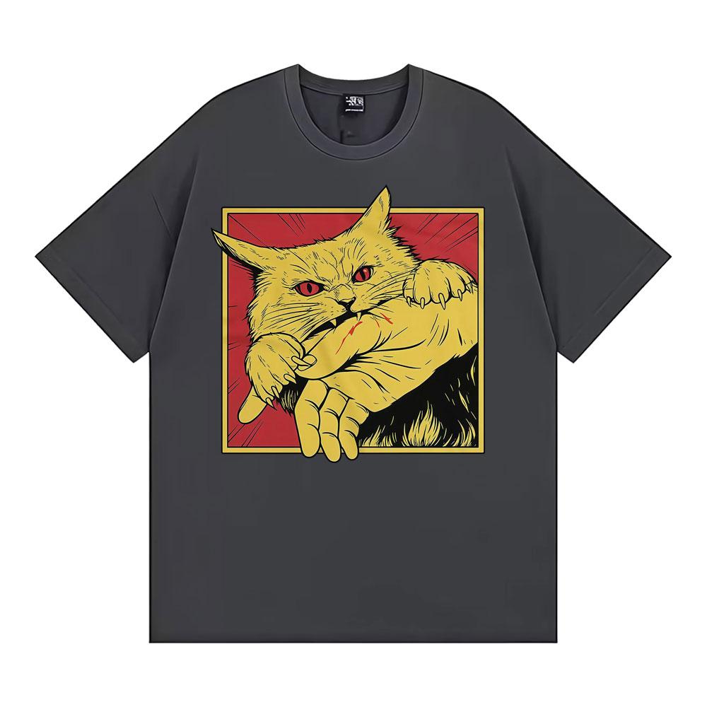 Angry Cat Biting Hand Funny Meme Tee Shirt Unisex Fashion Vintage Oversized T Shirt Men Summer Tops High Quality Cotton Tshirts