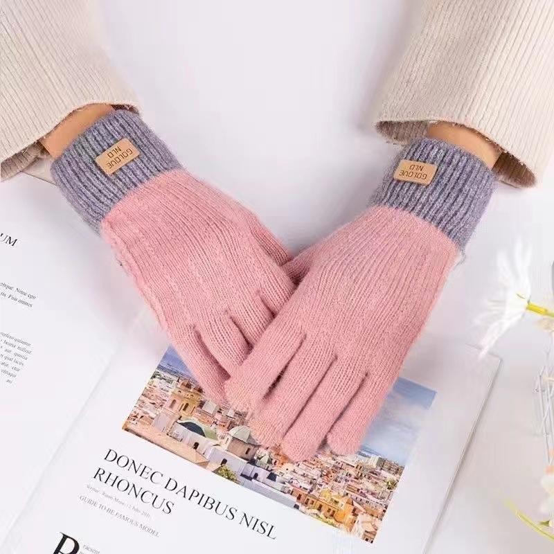 Winter Gloves Winter Girl Thickened Five-finger Student Cute Knitted Cold-proof Riding Touch Screen Warm Cycling Gloves