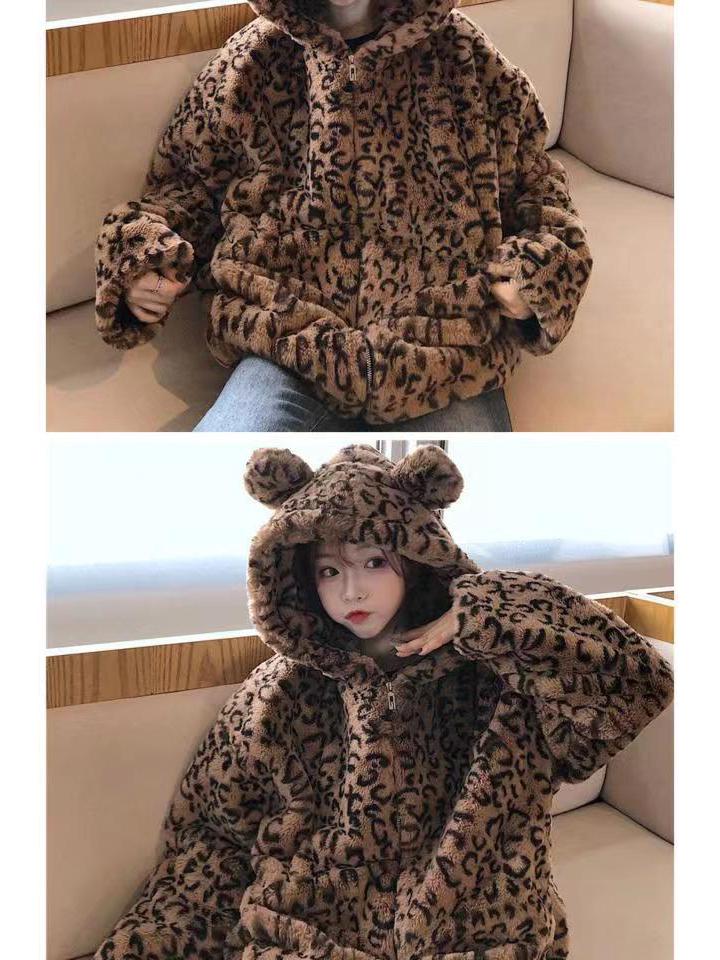 Leopard Print Furry Hooded Cardigan Jacket for Women - Autumn/Winter Casual Cute Design