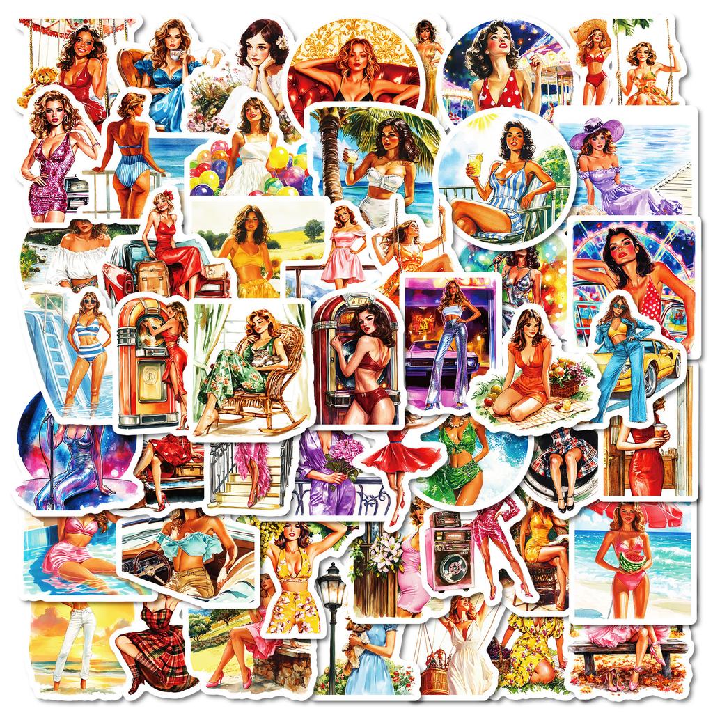 50 Summer Vintage Fashion Swimwear Girls Realistic Graffiti Stickers Diy Decorative Luggage Water Cup Stickers