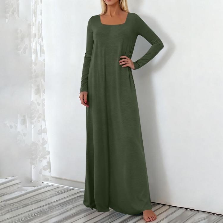 Fashionable Square Neck Long Sleeved Casual Dress Women Loose Pullover Long Dress Color