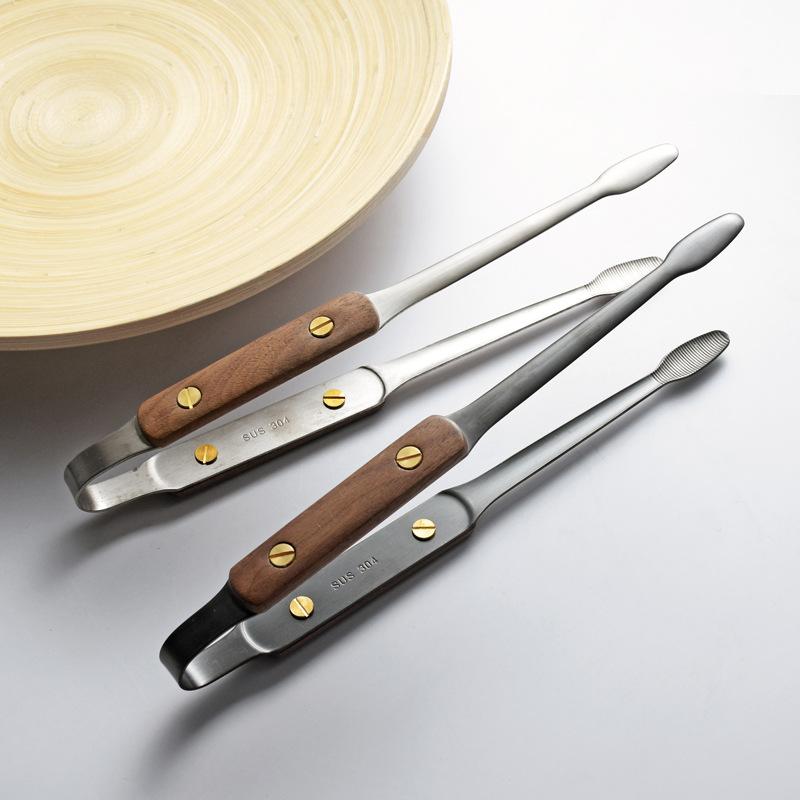 Rivet Walnut 304 Stainless Steel Barbecue Clip Non-slip Korean Tongs Anti-scalding Outdoor Camping Tool Hot Pot Food Clips