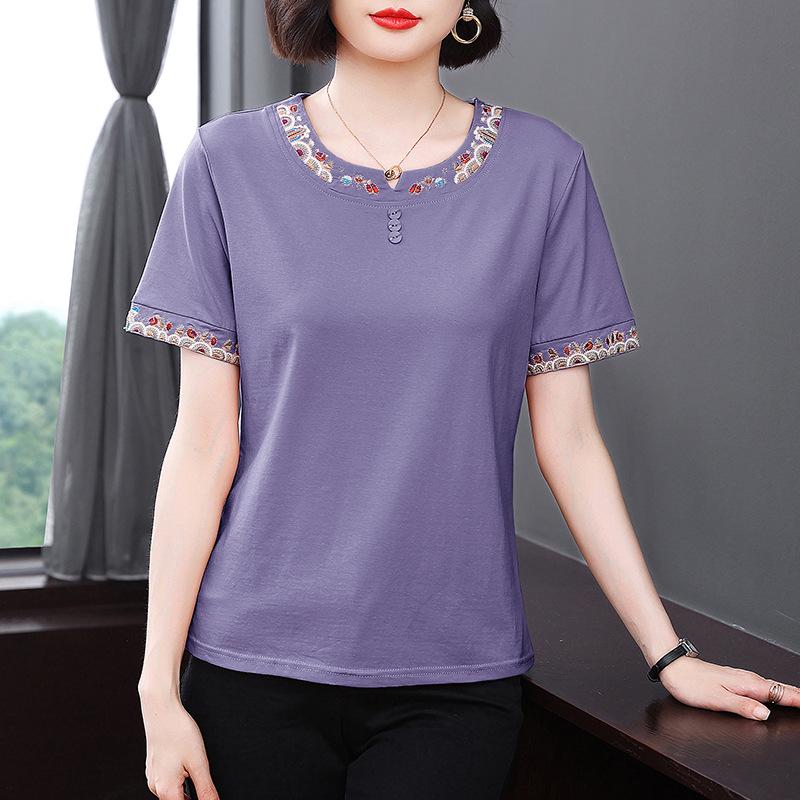 Besticktes Sommer Freizeit Kurzarm T-Shirt für Frauen mittleren Alters