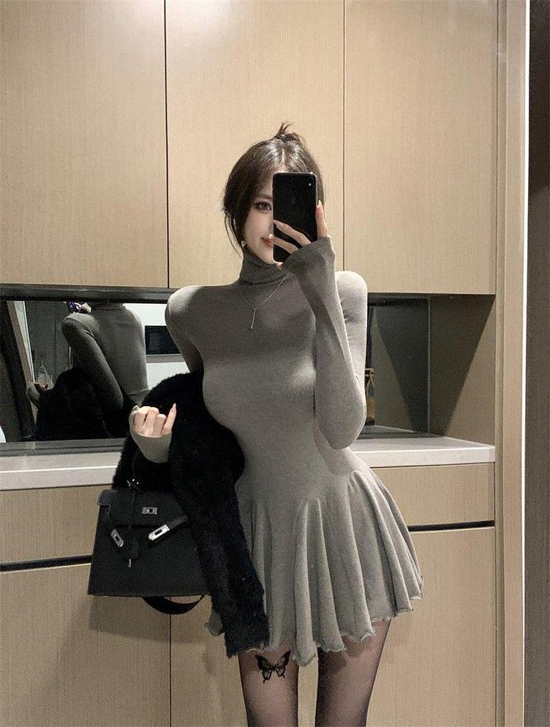 Women's Autumn/Winter Slimming High Neck Fluffy Skirt Dress - Versatile Solid Color, Spicy Girl Style