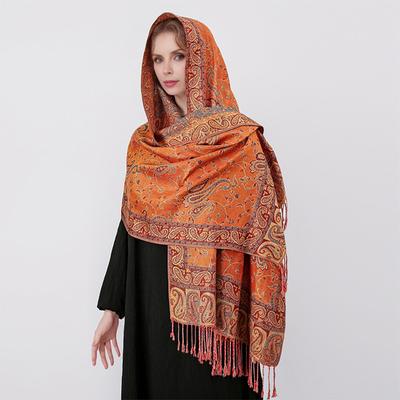 Taklit Kaşmir Kadın Eşarp Retro Edebi Stil Şal Kaju Jakarlı Desen Püskül Süslemeli Dekoratif Eşleşen Şal