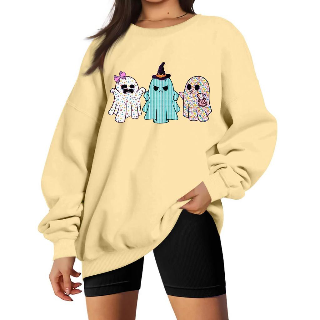 Women's Comfortable Casual Sweatshirt with Long Sleeve, Round Neck, Loose Fit, Small Halloween Print and Color Options