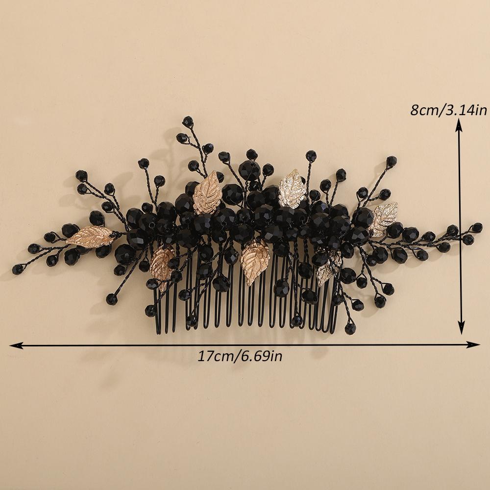 Black Crystal Bridal Hair Comb Handmade Leaf Wedding Hair Accessories Ornaments Trendy Bride Headpiece Tiara for Women and Girls