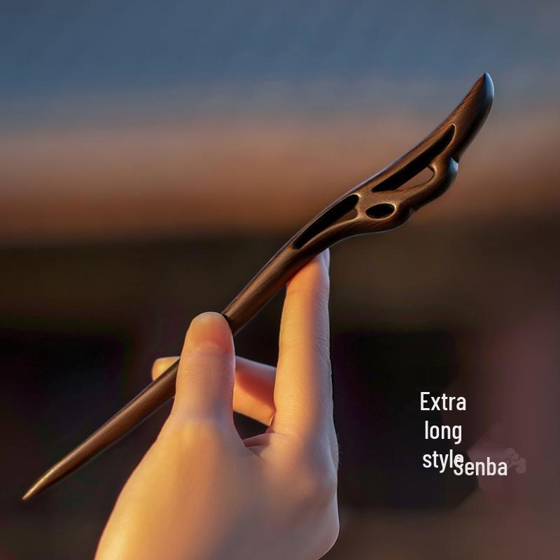 High-End Natural Ebony Wood Hairpin - Extended Chinese Ancient Style Black Hair Bun Accessory