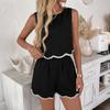 Lockeres lässiges Spitzen-Patchwork-Weste und Shorts Zweiteiler-Set für Damen