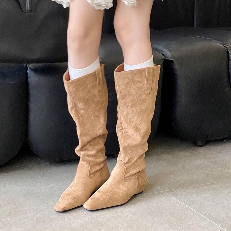 Fashion Fashion Flock Women Knee High Boots Heels Shoes With Height Increasing Ladies Long Modern Boots Female Slip On Shoes