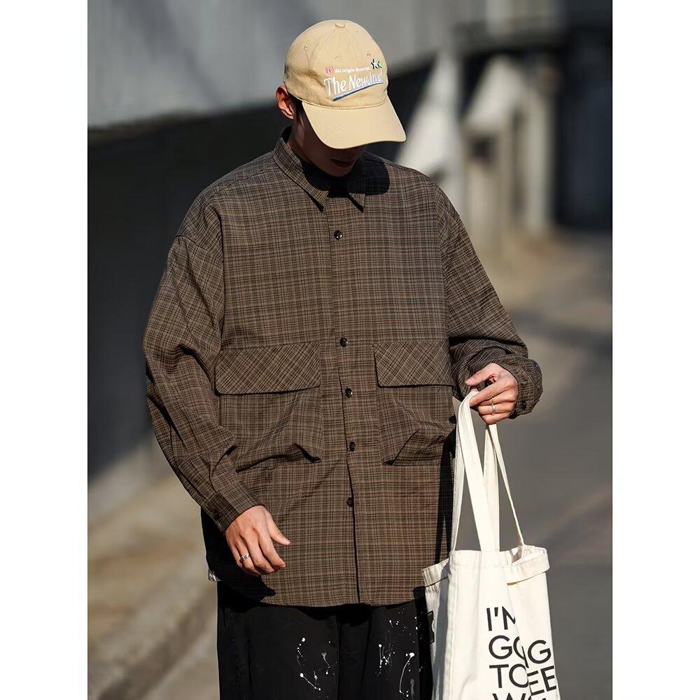 Japanese-Style Retro Large Pocket Plaid Long-Sleeved Shirt Men and Women Vintage Multi-Pocket Couple Contrast Color Shirt Coat