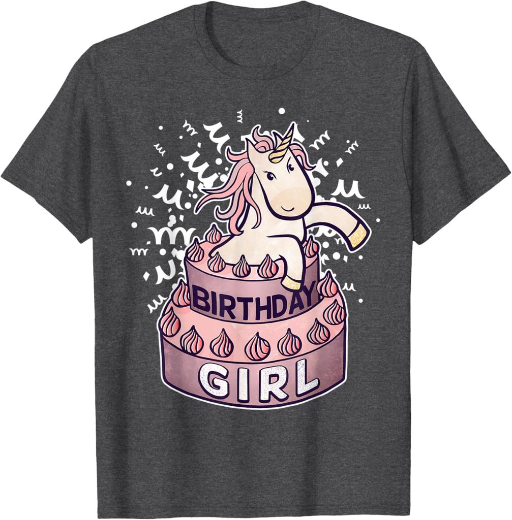 Unicorn Birthday Girl Cake Graphic TShirt Soft Cotton Casual Round Neck Tee