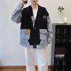 Splicing denim knitted double-sided woolen cardigan autumn and winter new loose design sweater jacket women