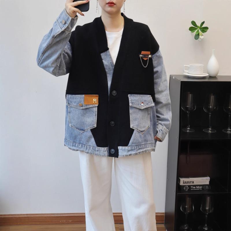 Splicing denim knitted double-sided woolen cardigan autumn and winter new loose design sweater jacket women
