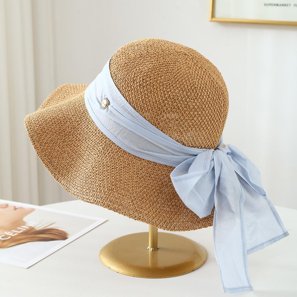 Bucket Hat Knitted Fisherman Hat with Ribbon and Metal, Spring/Summer/Autumn Windproof Versatile Women's Hat New