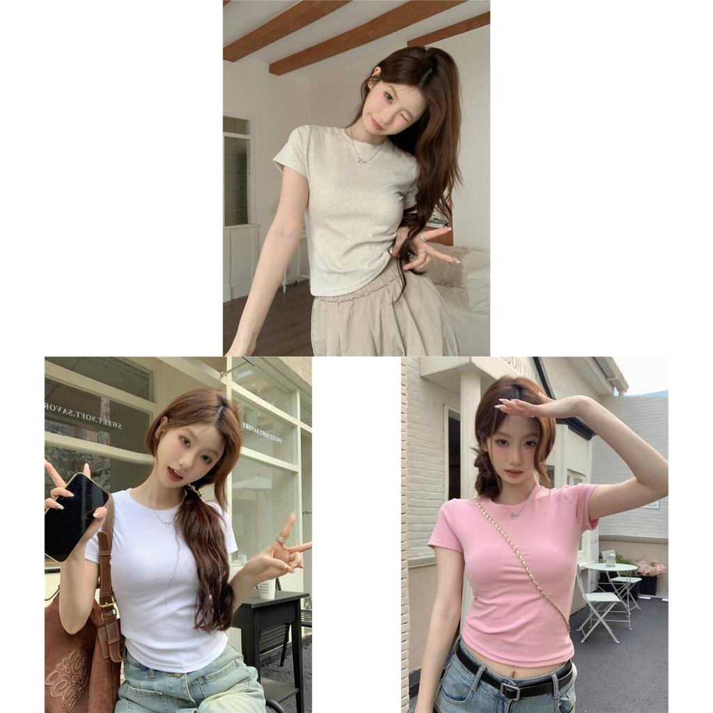 Plain Color Short Sleeve T Shirt For Women Summer Breathable Cotton Slim Fit Casual Top