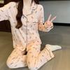 ins style girlish pajamas women's spring and autumn long-sleeved sweet bow full print casual loungewear set