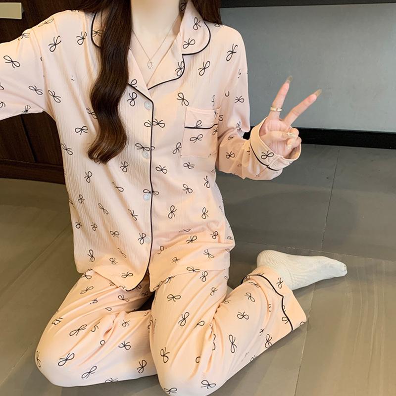 ins style girlish pajamas women's spring and autumn long-sleeved sweet bow full print casual loungewear set