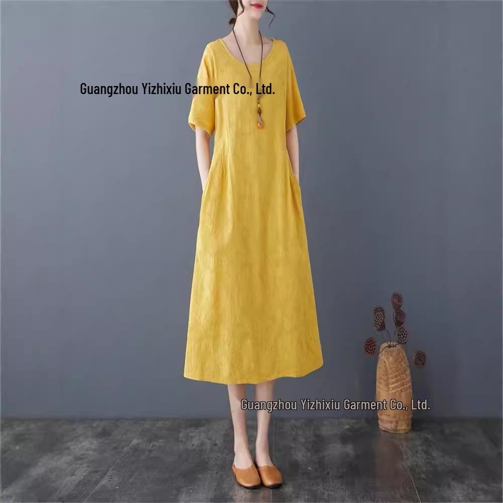 2025 Retro Women's Jacquard Pocket Dress - Slimming Cotton Linen