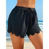 Damen Schwarz Kordelzug Taille Muschelsaum Badeshorts